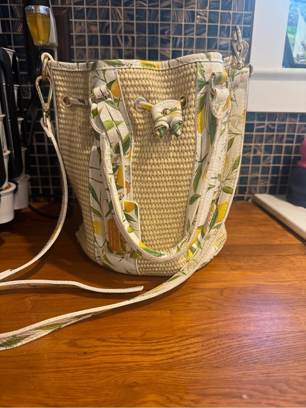 Woven Lemon Print Bucket Bag - White & Yellow